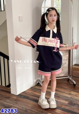 Bộ Polo báo hồng áo xanh sọc be+q.xanh - size 170