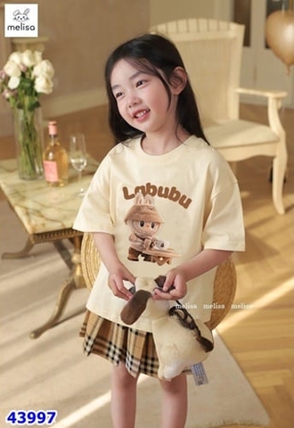 Set bộ Melisa be Labubu chân váy caro be - size 2-3y