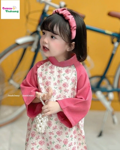 Áo dài J&J hồng đậm hoa