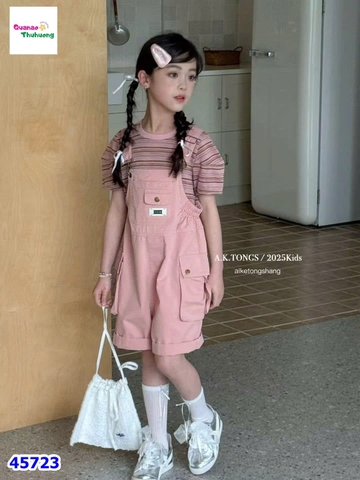 Set quần yếm AK hồng sọc nhỏ