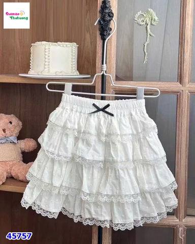 Chân váy trắng tầng ren đính nơ
