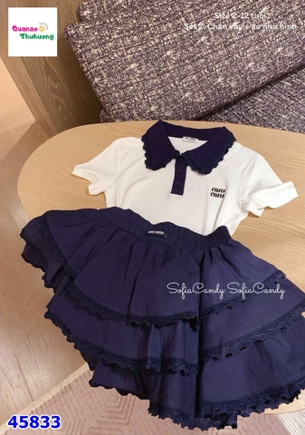 Set MiaKid Polo trắng Miumiu, chân váy tầng xanh