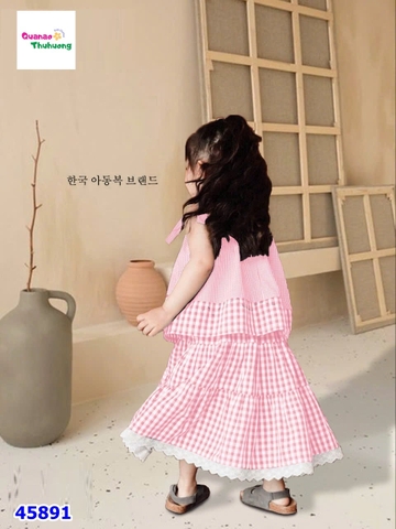 Set váy Chohee caro hồng đính nơ