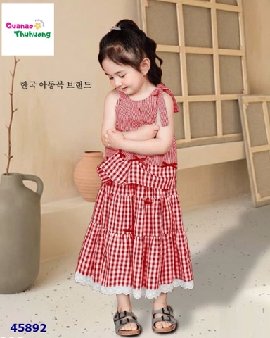 Set váy Chohee caro đỏ đính nơ