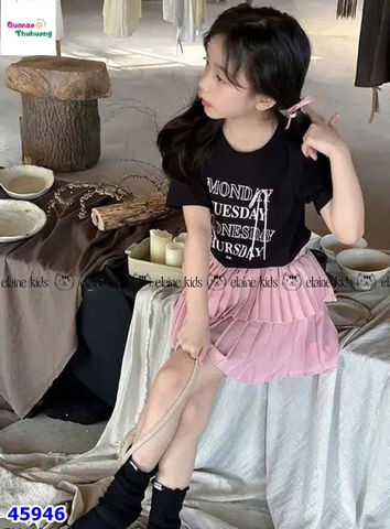 Set váy Elaine đen đính nơ, chân váy hồng