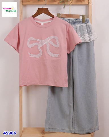 Set áo hồng nơ, quần jean phối ren