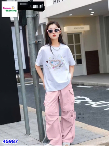 Set áo trắng tim, quần hồng túi hộp