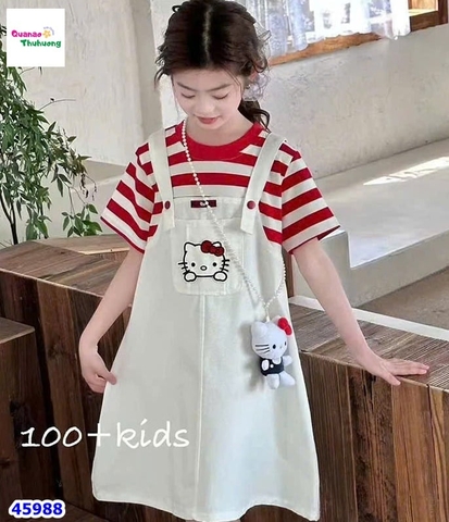 Set đầm yếm trắng, áo sọc đỏ Kitty