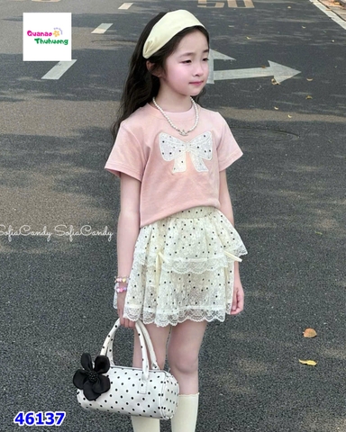 Set MiaKid hồng nơ, chân váy chấm bi