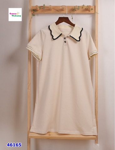 Đầm polo suông màu kem viền đen