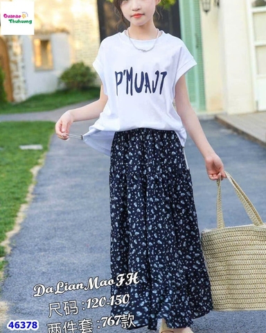 Set áo trắng, váy hoa