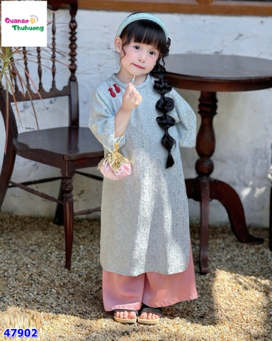 Áo dài Tết Babies Mo xanh hoa đỏ