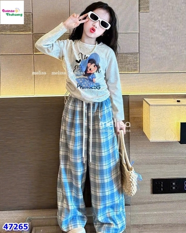 Set MLS xám cô gái, quần caro xanh