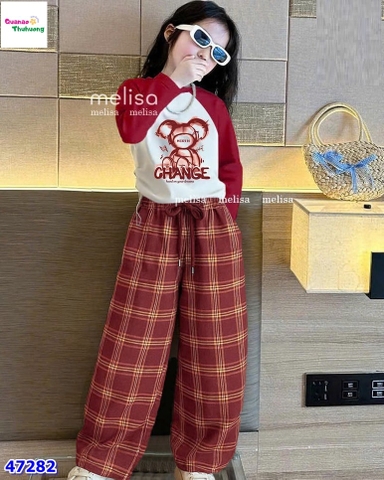 Set MLS đỏ in gấu, quần caro đỏ