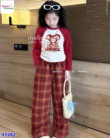 Set MLS đỏ in gấu, quần caro đỏ