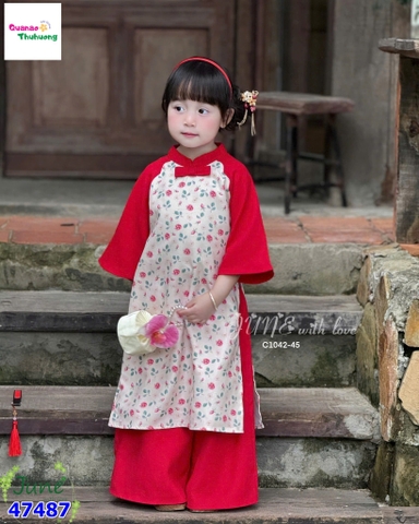 Áo dài Tết June đỏ hoa nhí
