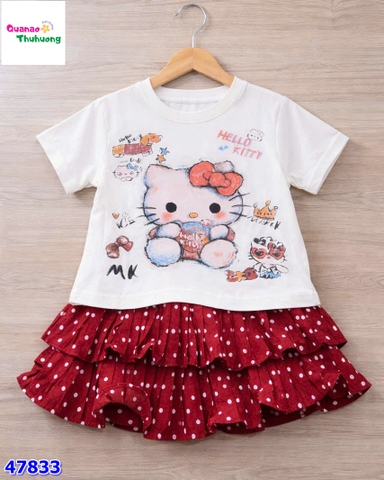 Set váy đỏ, áo kem Hello Kitty