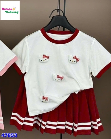 Set áo trắng Kitty, chân váy đỏ