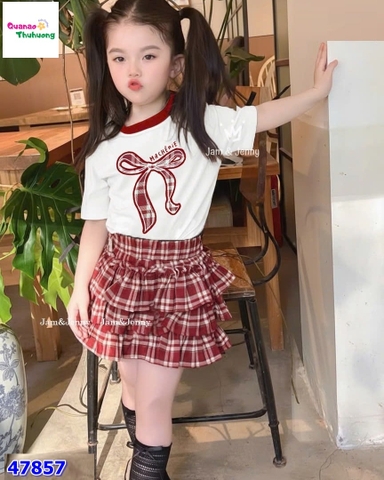 Set váy J&J trắng nơ caro