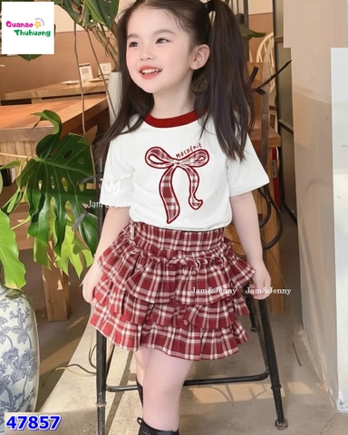 Set váy J&J trắng nơ caro