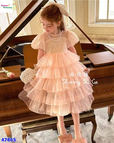 Đầm tiệc hồng tầng đính nơ