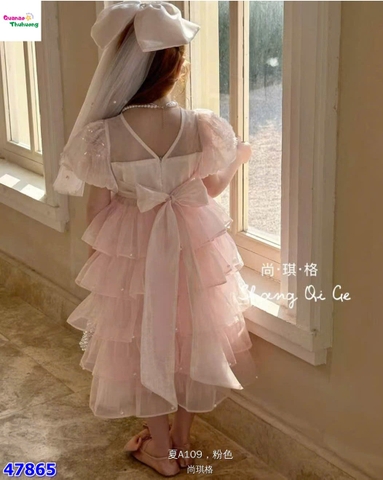Đầm tiệc hồng tầng đính nơ