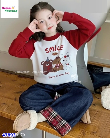Set J&J áo trắng Smile, quần jean dài