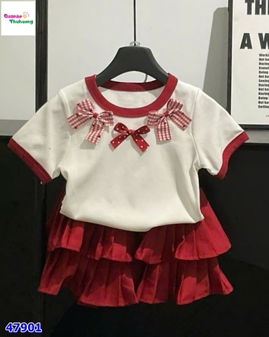 Set áo trắng nơ caro váy đỏ