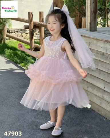 Đầm tiệc hồng đính cườm + kẹp nơ