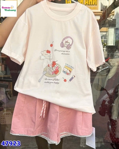 Set bộ DHH trắng Hello Kitty, quần hồng