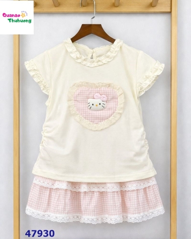 Set váy caro hồng, áo trắng Kitty