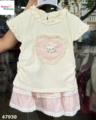 Set váy caro hồng, áo trắng Kitty