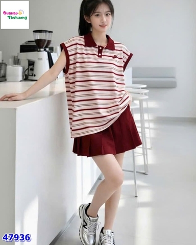 Set DDH áo polo sọc đỏ, váy đỏ