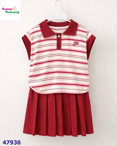 Set DDH áo polo sọc đỏ, váy đỏ