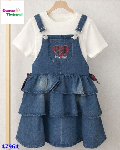 Set đầm yếm jean trái tim, áo trắng