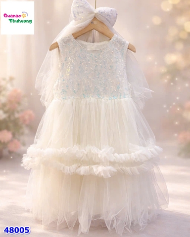 Đầm tiệc trắng đính cườm + kẹp nơ