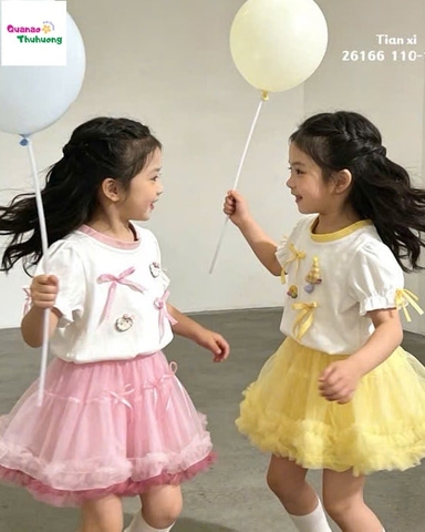 Set váy tutu vàng, áo trắng nơ vàng