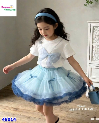 Set váy tutu xanh, áo trắng nơ