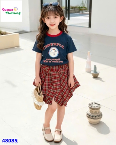 Set áo xanh đen Kitty, chân váy caro đỏ