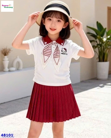 Set NYY áo trắng Kitty , váy xếp ly