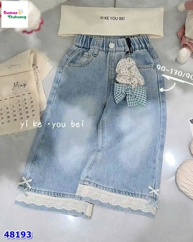 Quần jean dài xanh viền ren nơ