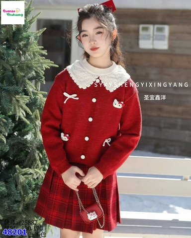 Set áo len đỏ Kitty , váy caro đỏ