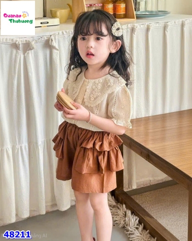 Set bộ tiểu thư dập hoa, quần tầng nâu