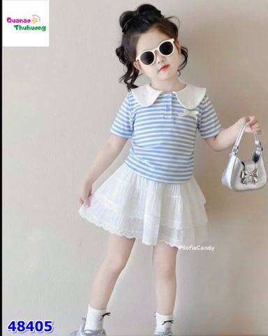Set váy Sofia sọc xanh đính nơ