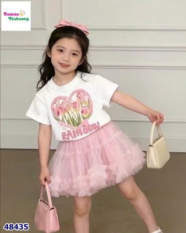 Set áo trắng tim hồng, váy tutu hồng