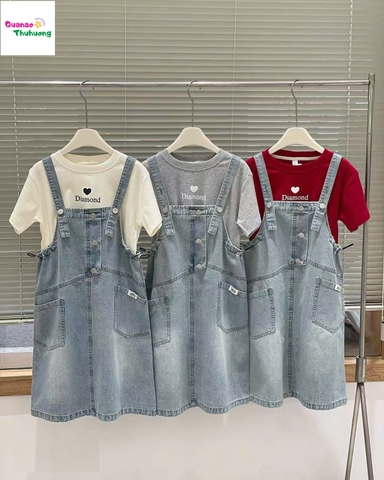 Set yếm jean áo đỏ Diamond