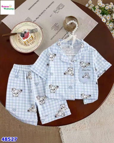 Bộ Pyjama đùi caro xanh dương gấu