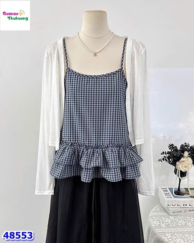 Set áo dây xanh đậm caro + khoác trắng