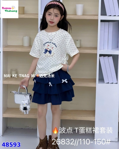 Set áo kem chấm bi mèo nơ xanh