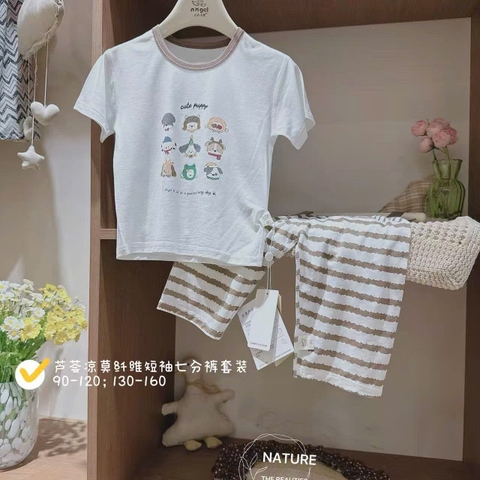 Bộ Tencel T lửng kem viền nâu cún Cute happy
